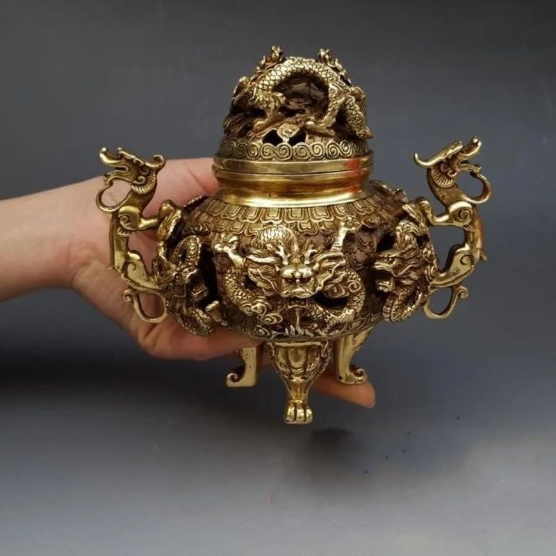 Large, hollowed-out, pure copper Nine-Dragon incense , a decorative antique for use as a sandalwood burner or aromatherapy
