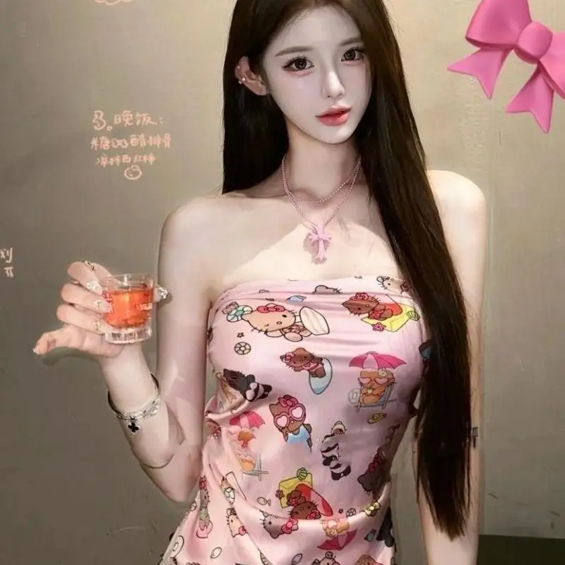 سانريو كيتي الحبيب المرأة أنبوب القمم الرغبة النقية الكرتون مثير طباعة خارج الكتف شاطئ البحر الصيف الساخن الفتيات الساتان الاتجاه