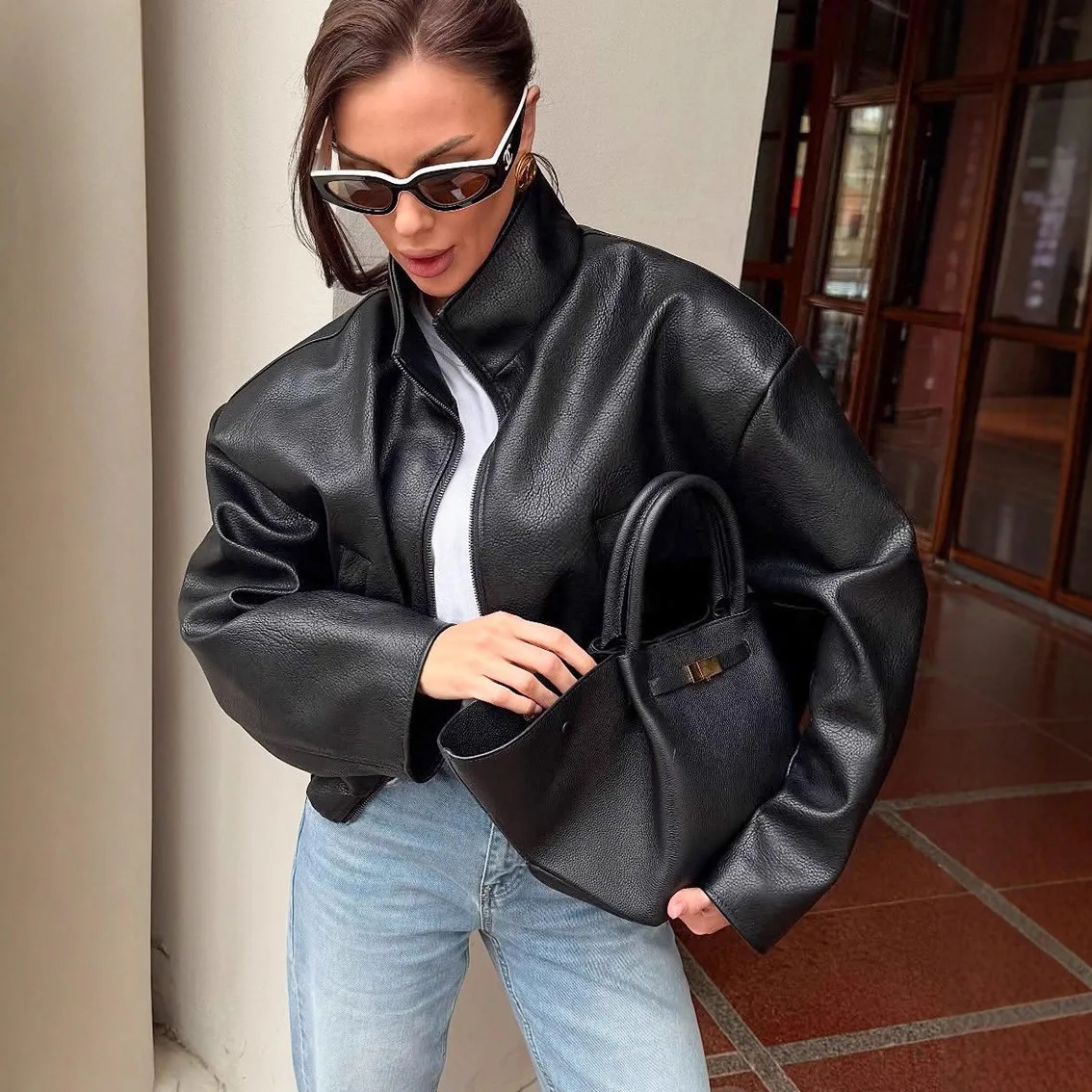2026 Autumn New Black Faux Leather Loose Jacket High Street Stand Collar Lapel Jacket Zipper Fashion Coat