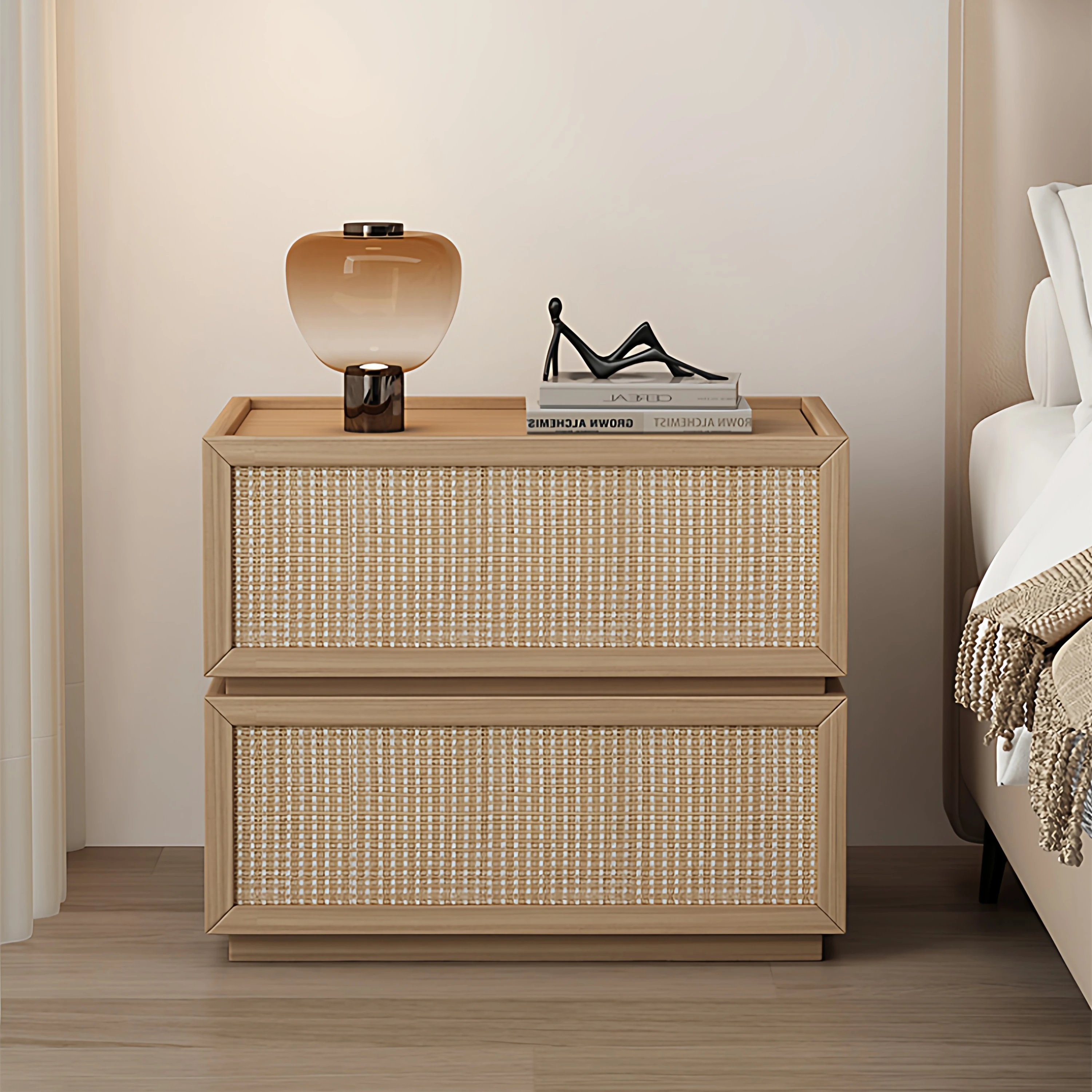 # Best-Selling Rattan Bedside Cabinet with Storage Solid Wood Legs for Bedroom Use Premium Side Table