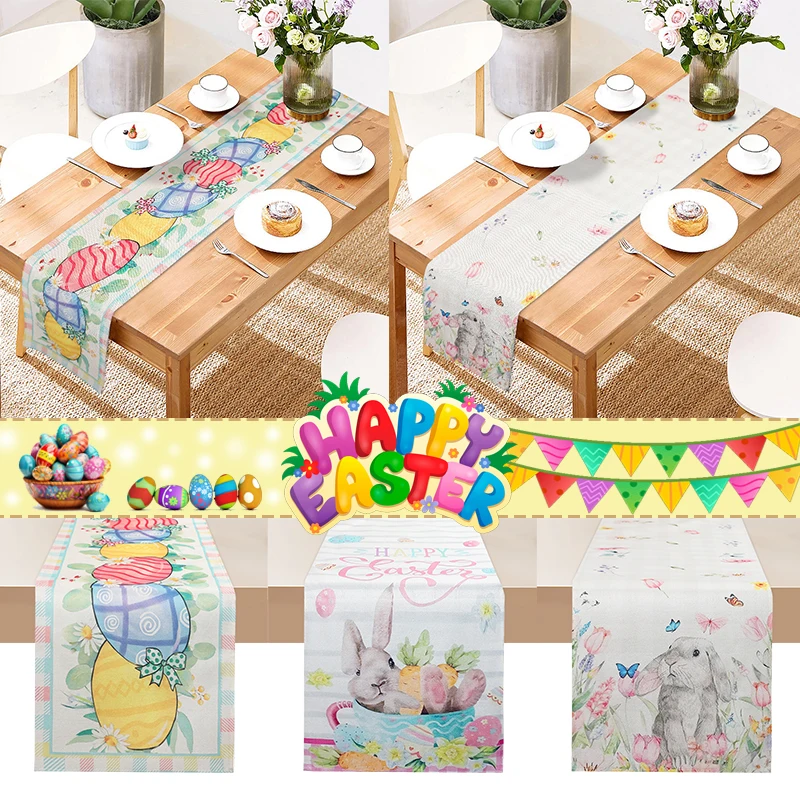 

Linen Easter Table Runner Eggs Rabbit Dining Table Cloth 2025 Spring Holiday Happy Easter Decoration Placemat For Home Kitchen