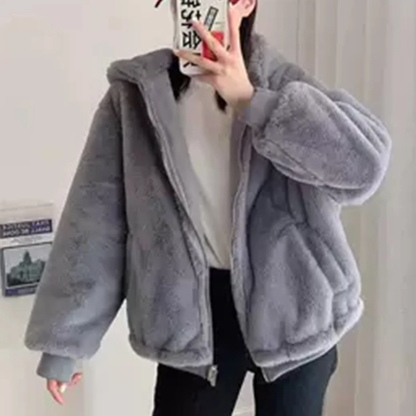 Lamb Fur Jaet Women's Winter New Loose Hooded Thi Warm Double-Sided Wear Pilot Jaet Polyester Fiber Long Sve Zipper