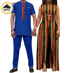 African Clothes for Men Matching Couple Outfits Dashiki Sexy Women Print Long Top Dress and Pant Sets Bazin Riche Kaftan Y22C068