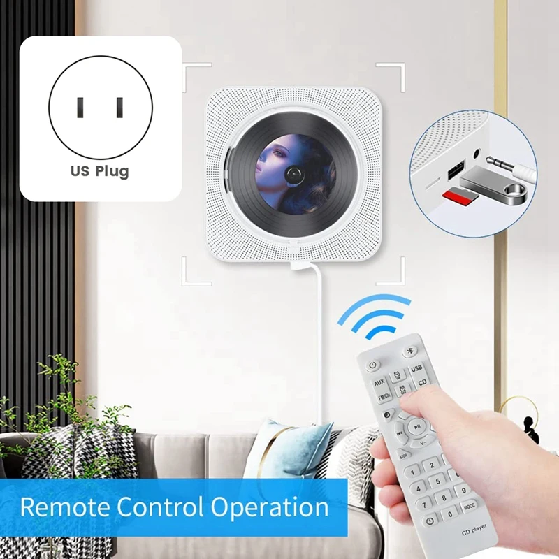 Portable Bluetooth CD Player,Wall Mount CD Player Home Audio Music Players with Remote Control,LCD Display-US Plug-A31R