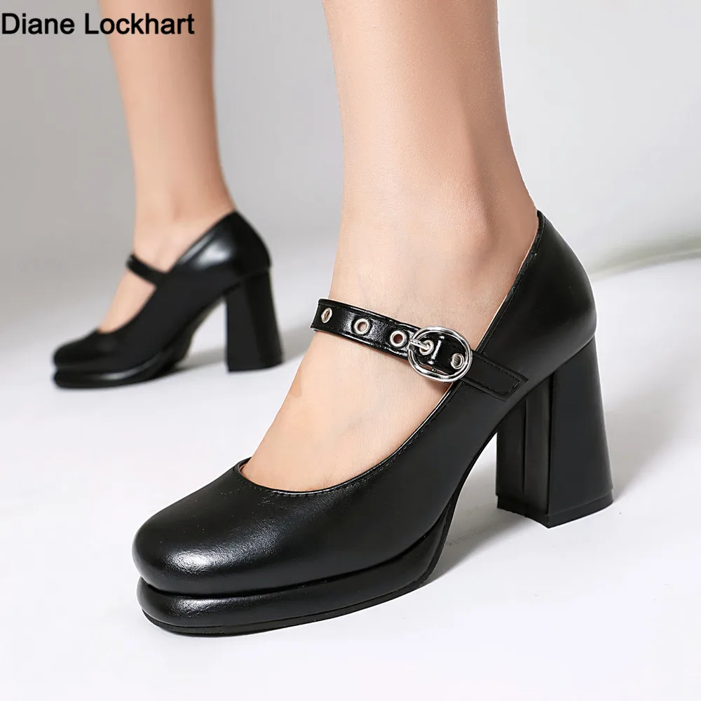 

2025 New Women Pumps Shoes Platform Round Toe 8.5cm Thick Square Heel Ankle Strap PU Leather Buckles Big Size 32-43 Black Brown