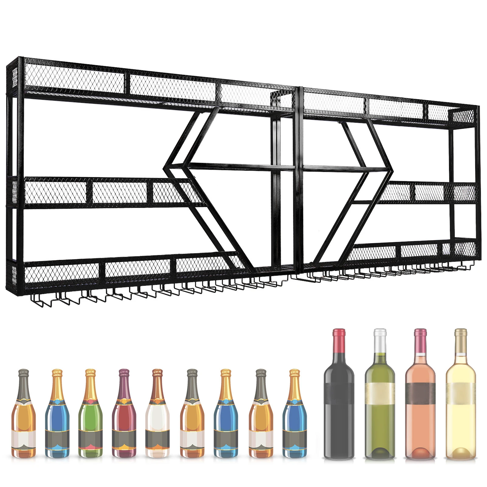 

Настенная металлическая винная полка на 3/4 уровня с держателями для бокалов для дома, кухни, столовой, кофейни
