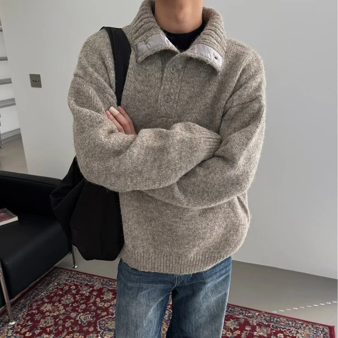 

2025 зимний новый однотонный ленивый повседневный пуловер с длинным рукавом, толстый теплый свободный отложной свитер с высоким воротом