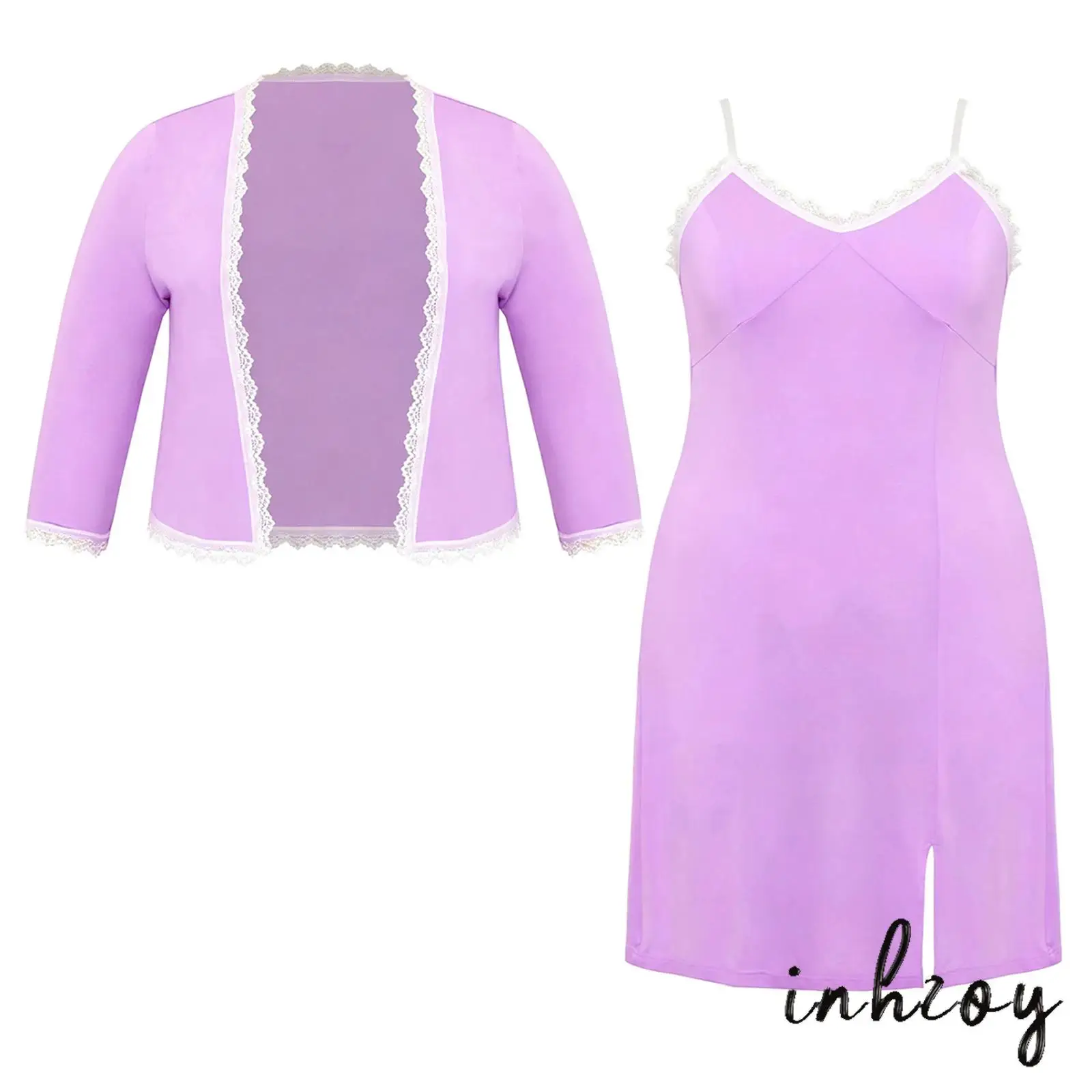Women Plus Size Sleepwear Set Lace Trim Outfit Nightwear Adjustable Spaghetti Straps Side Slit Dress with Open Front Cardigan