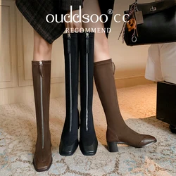 Ods Women's genuine leather knee high knight boots thiick med heel side zip casual female long boots winter shoes for women 4142