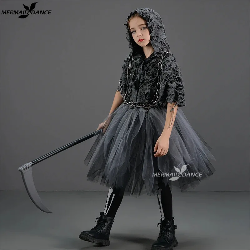 소녀를위한 할로윈 의상 죽음 검은 망토 코스프레 어린이 카니발 파티 가운 어린이 마녀 드레스 의류 세트