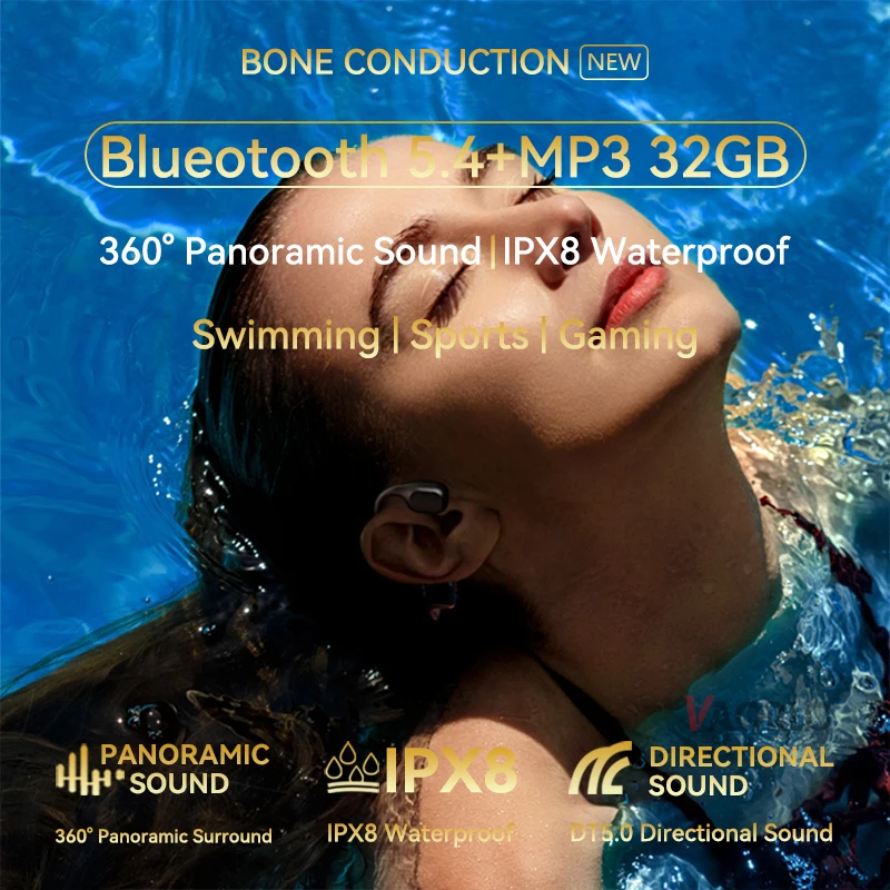 VAORLO Bone Conduction Earphones Bluetooth Wireless IPX8 Waterproof Swimming MP3 Player Hifi Stereo Headphone With Mic Headset