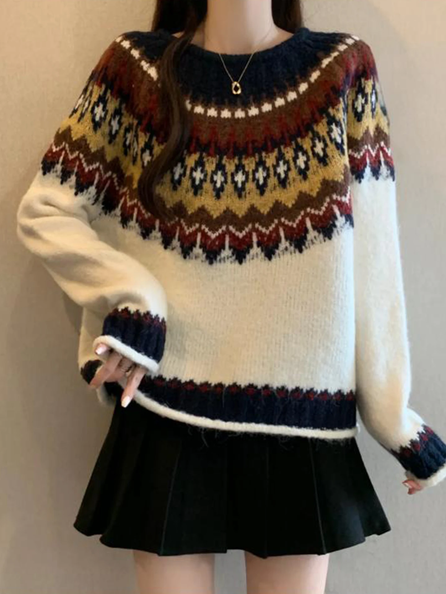 

Ретро-вязаный свитер женский больших размеров, весна 2026, объемный, модный топ с вышивкой Fair Isle, винтажный, с длинными рукавами