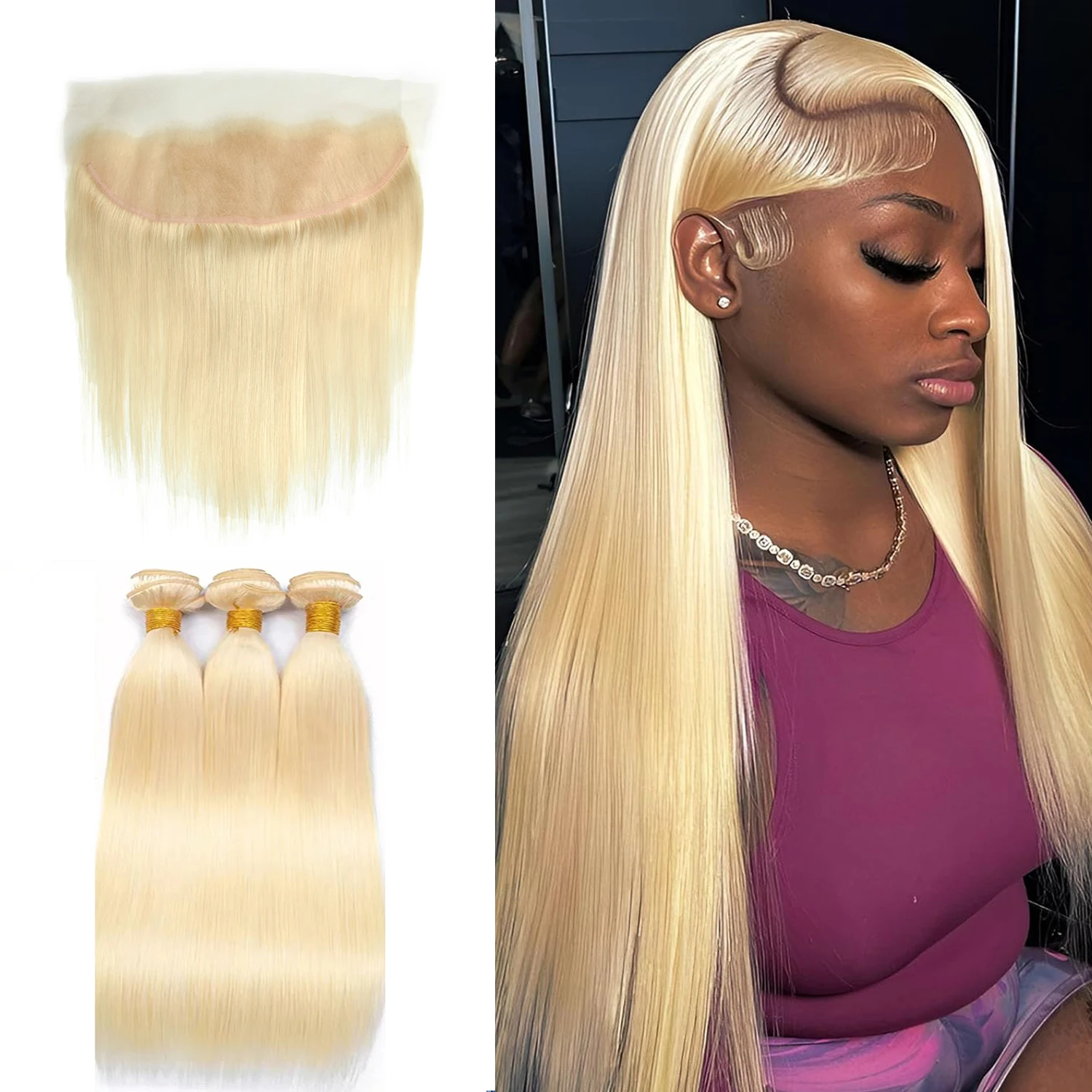 613 Straight Bundles with Frontal Closure 13×4 Ear to Ear Lace Frontal with 3 Bundles 100% Blonde Brazilian Virgin Human Hair