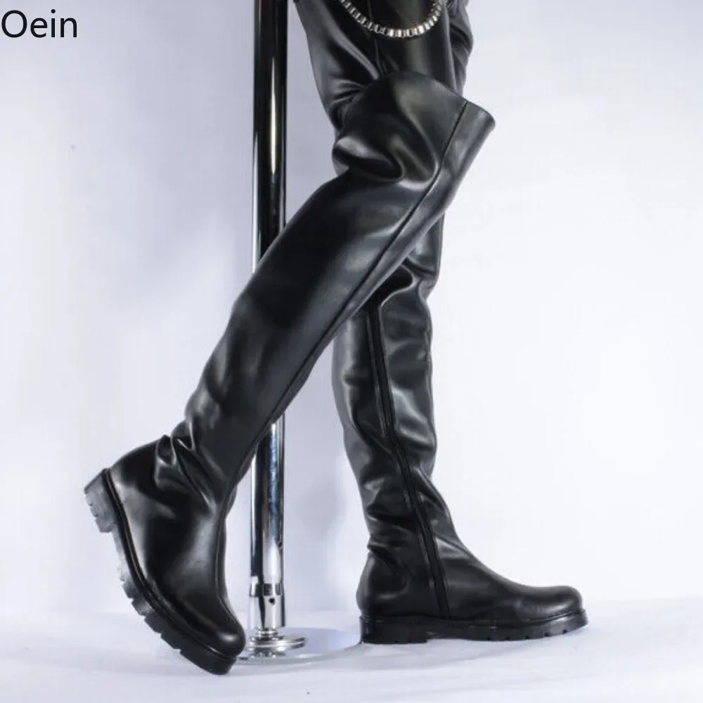 Men\'s Leather Over Knee Riding Boots Zipper Side Round Toe Nightclub Dance Shoes