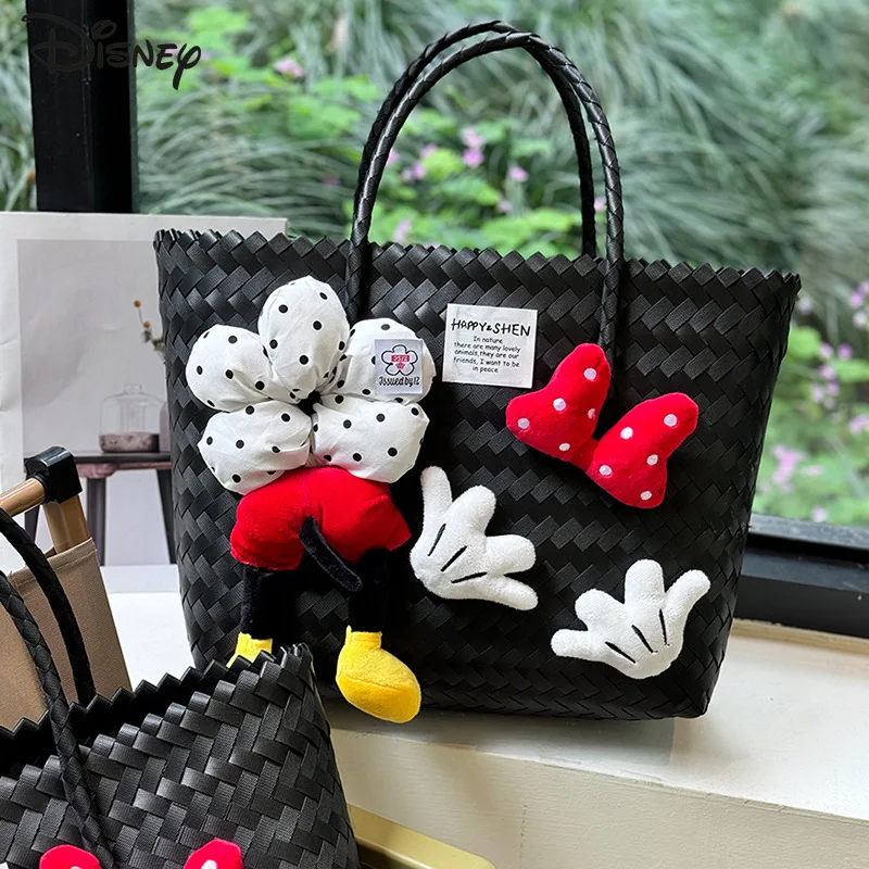 Disney Mickey Minnie Shoulder Bag Fashion Weaving Large Capacity Straw Plastic Weaving Beach Bag Handbag Vacation Outdoor Use