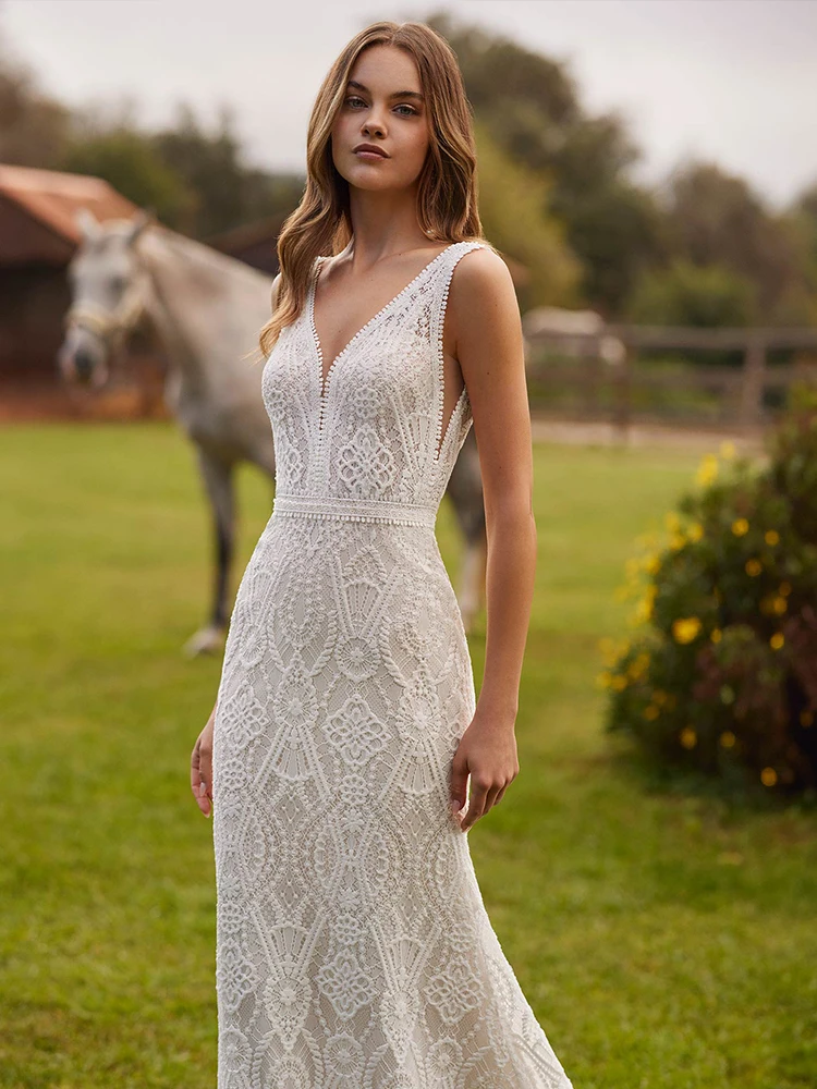 V ネック レース マーメイド ウェディング ドレス、ユニークなシンプルでエレガントなブライダル ドレス Vestido de Noivas DW1070