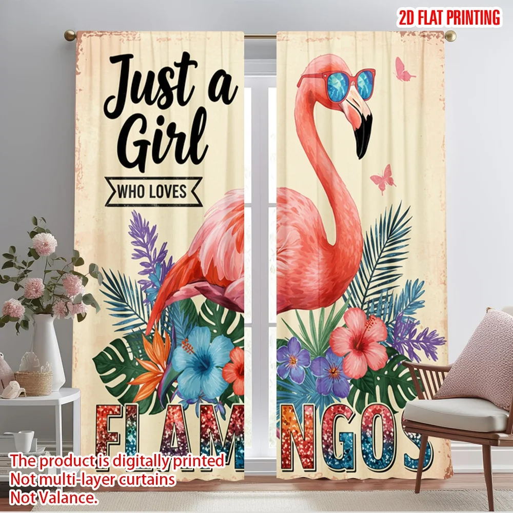 

2pcs 2D flat printing Curtains Flamingo Lover Tropical Floral Polyester Without Electricity Festive Curtains for Entryway Room