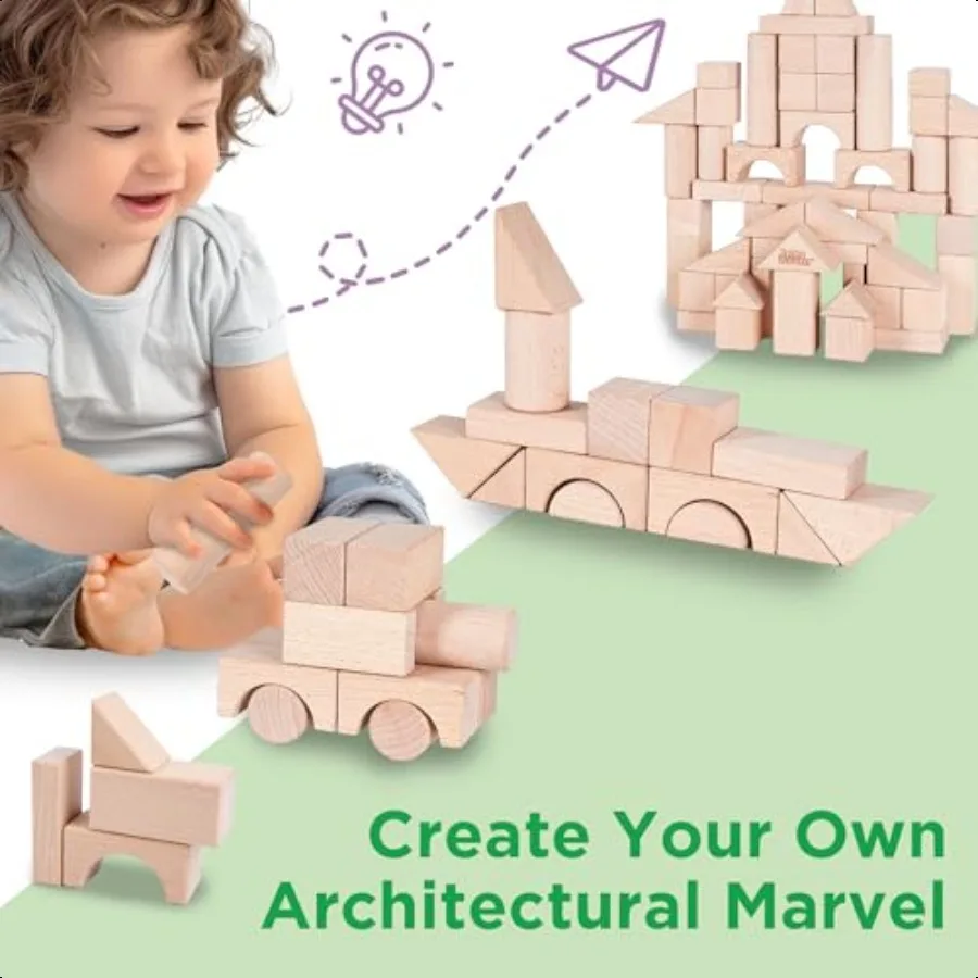 Iplay iLearn Conjunto de blocos de construção de madeira para crianças Bloco de madeira natural Montori Brinquedo de aprendizagem Grande castelo de tijolos de empilhamento de madeira dura