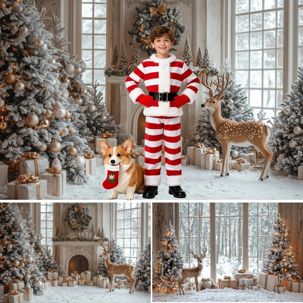 

Christmas Photography Backdrop Winter Snowflakes Gold White Gifts Deer Happy Xmas Party Backgrounds Photographs Decor