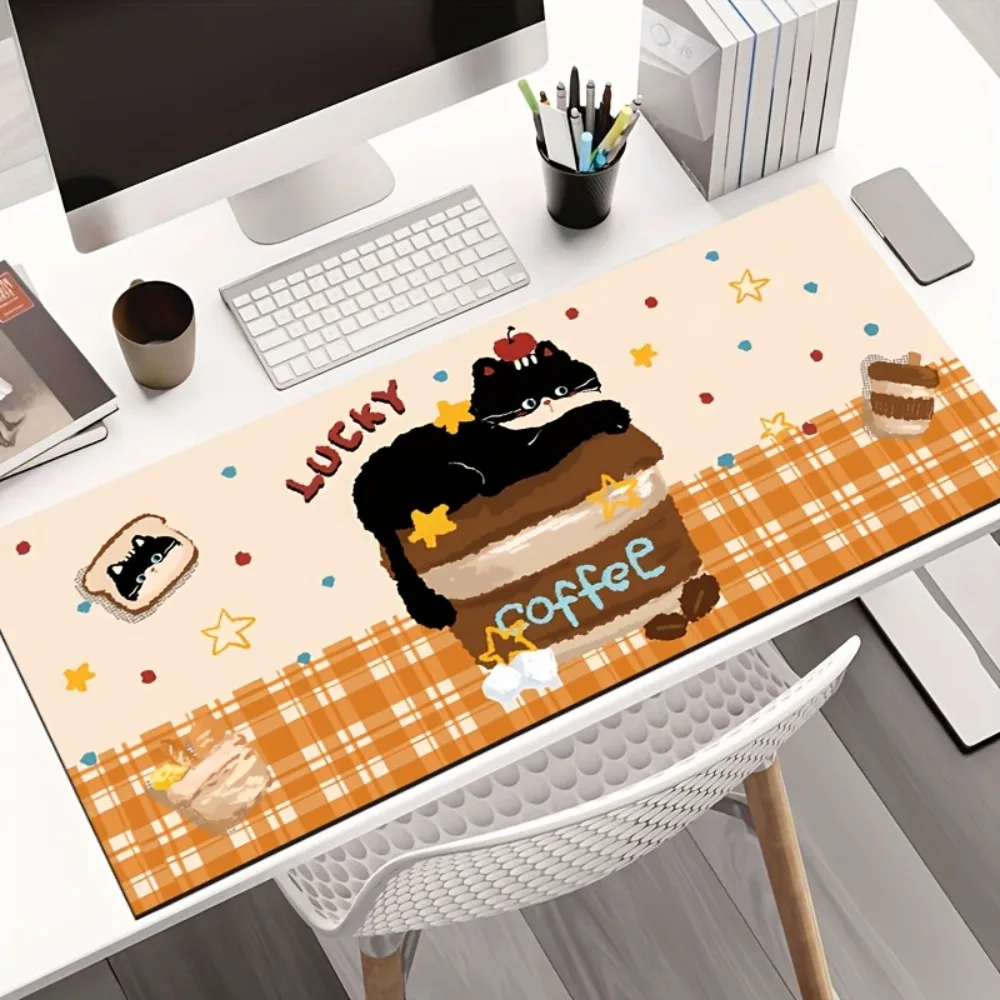 

Cute Lucky Black Cat Coffee Large Desk Pad, 2D Printed Extended Mouse Pad, Non-Slip Office Mat