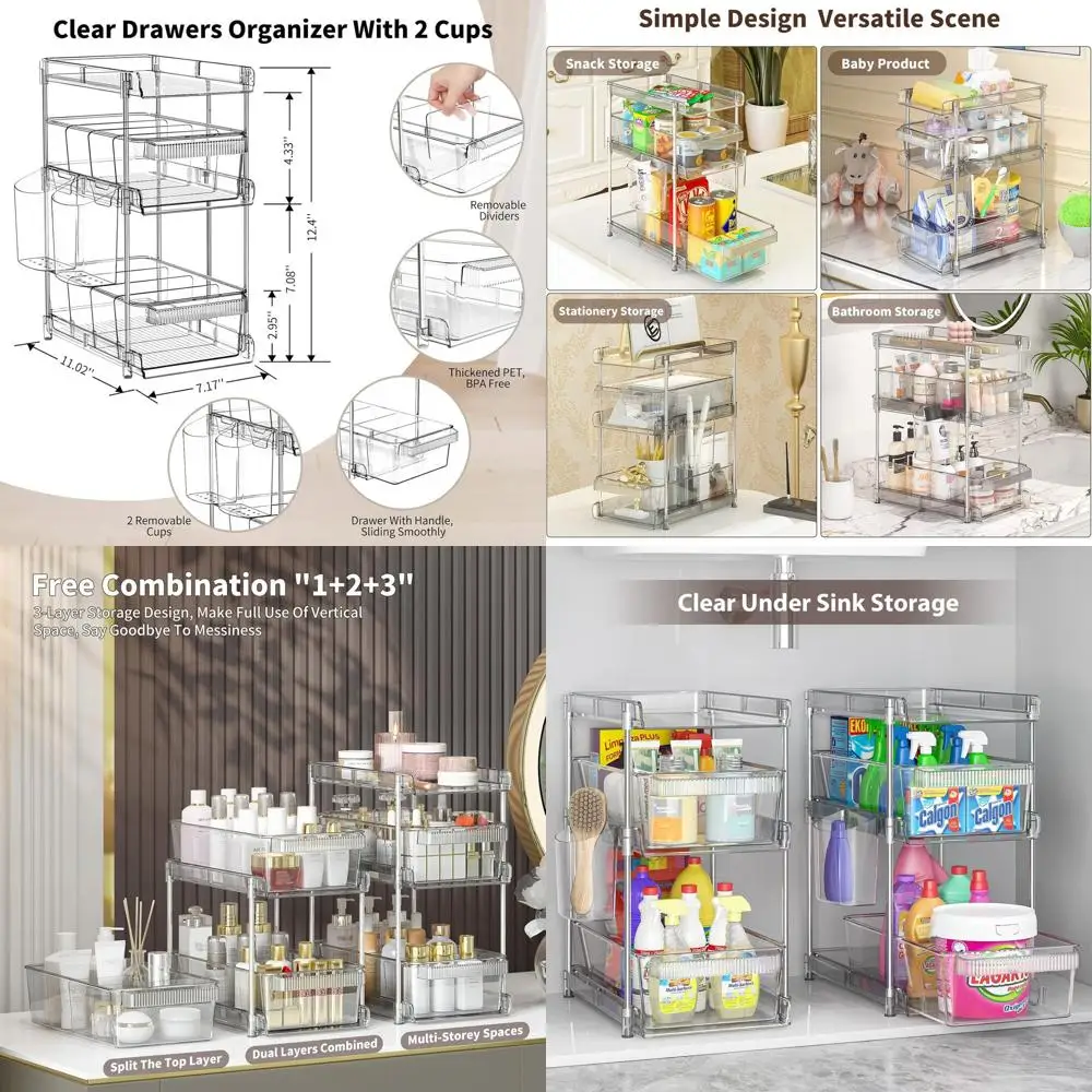 

2-Set 3-Tier Clear Bathroom Organizers with Pull-Out Drawer and 6-Compartment Storage