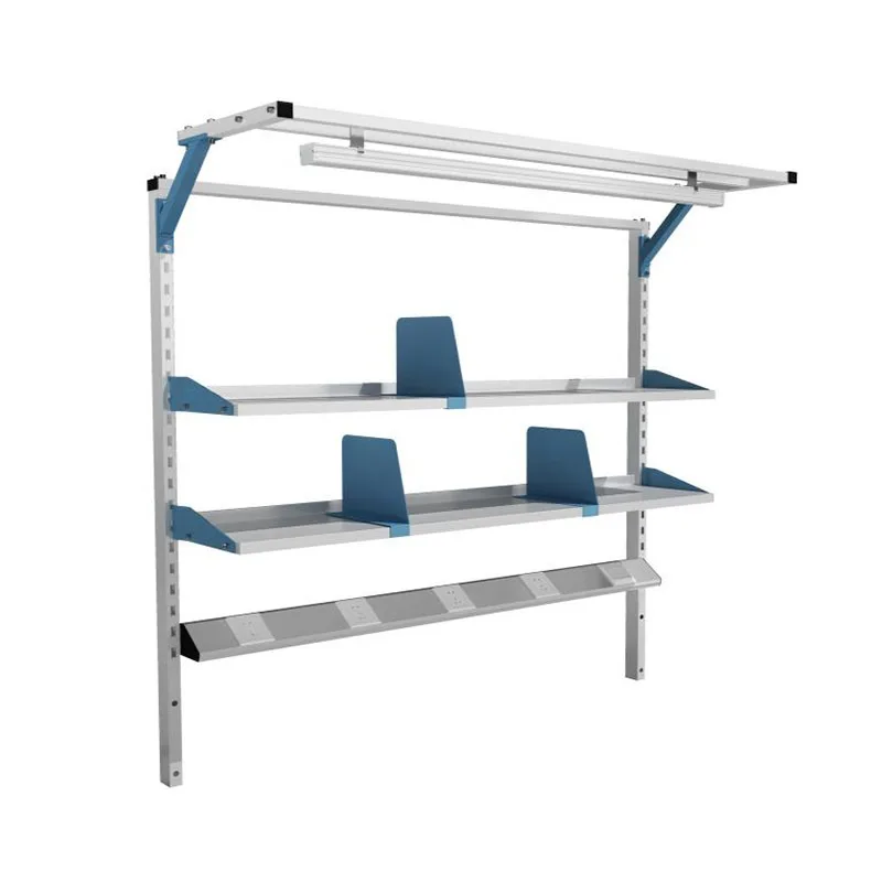 Workbench with rack Operator bench with steel rack, hole plate, laminate, balancer, slide display frame