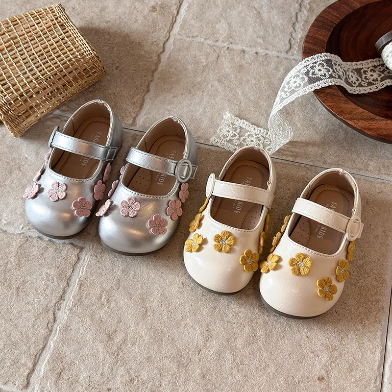 Girl's Mary Janes Flower Two Colors Light Stylish New Kids Princess Shoes Shallow All-match Daily Chic Children Flat Shoe21-30