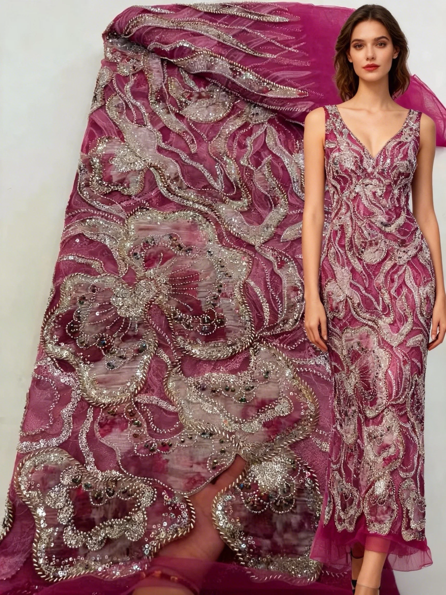 

African Nigerian 2025 Latest High Quality French Beaded Embroidery Sequins Tulle Sewing Lace Fabric Party Dresses Sequins 5Yards