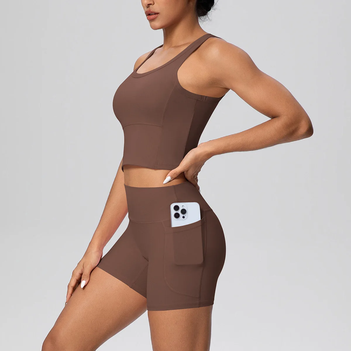 Ningyu 2PCS Women Yoga Set Solid Color Skin Friendly Beauty Shoulder Strap Chest pad Sports Vest Pocket Yoga Shorts Fitness Set