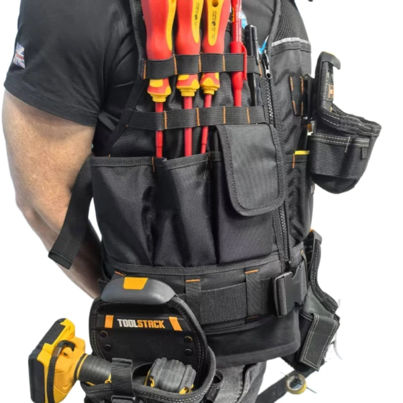 TOOLSTACK Robuste Arbeitsweste mit Mehreren Taschen, Langlebige Atmungsaktive Bauweste, Verstellbare Multifunktionale Elektrikerweste – Detail 6