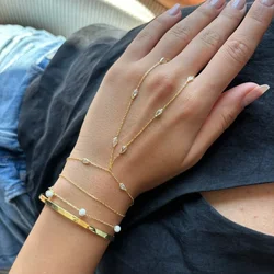 2025 New Elegance Fashion Women Hand Chain Bracelet With Ring Gold Color Tear Drop CZ Geometric Jewelry