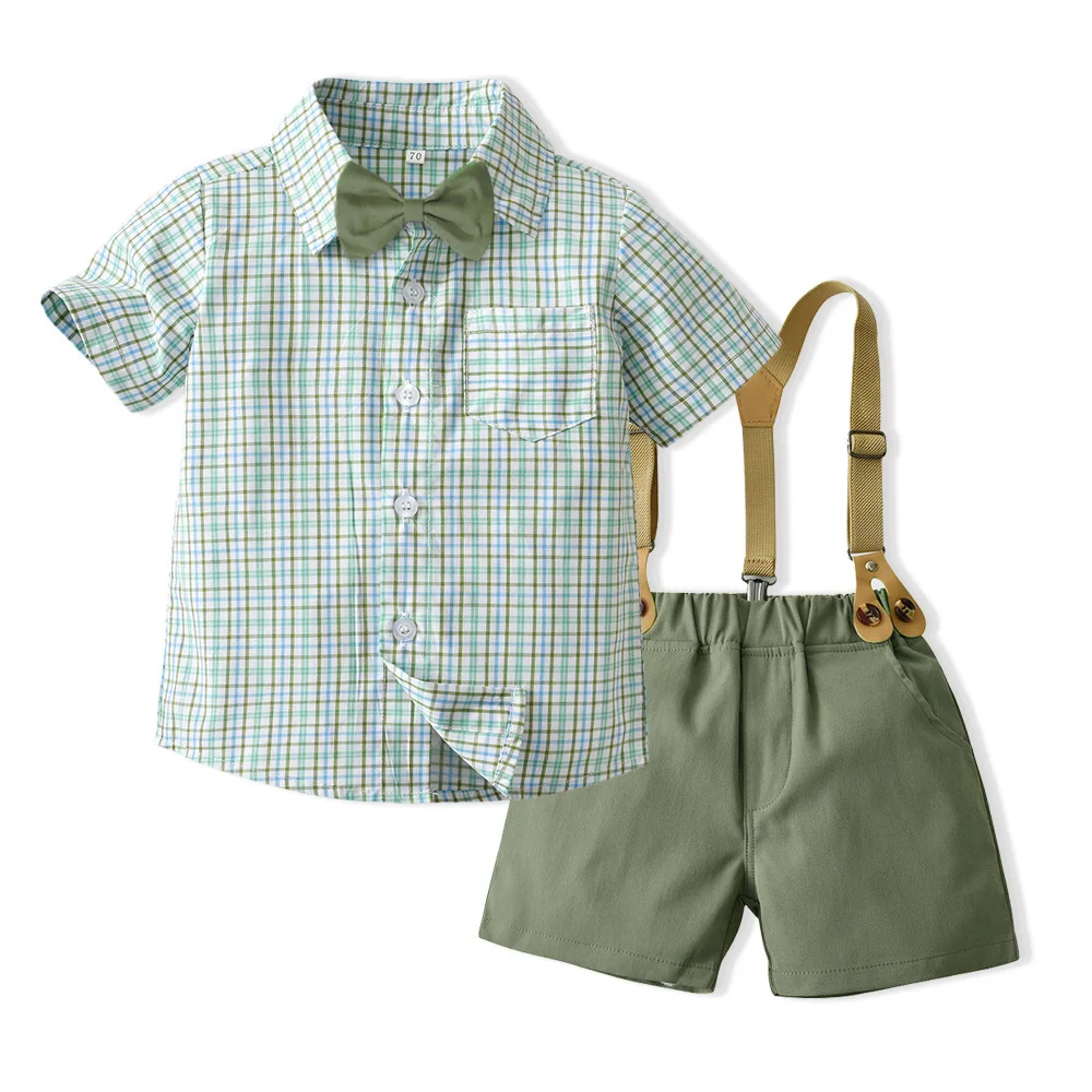 Children's Clothing Summer Plaid Suspender Pants Children's Set, Japanese Korean New Products, And Fresh Boy Set