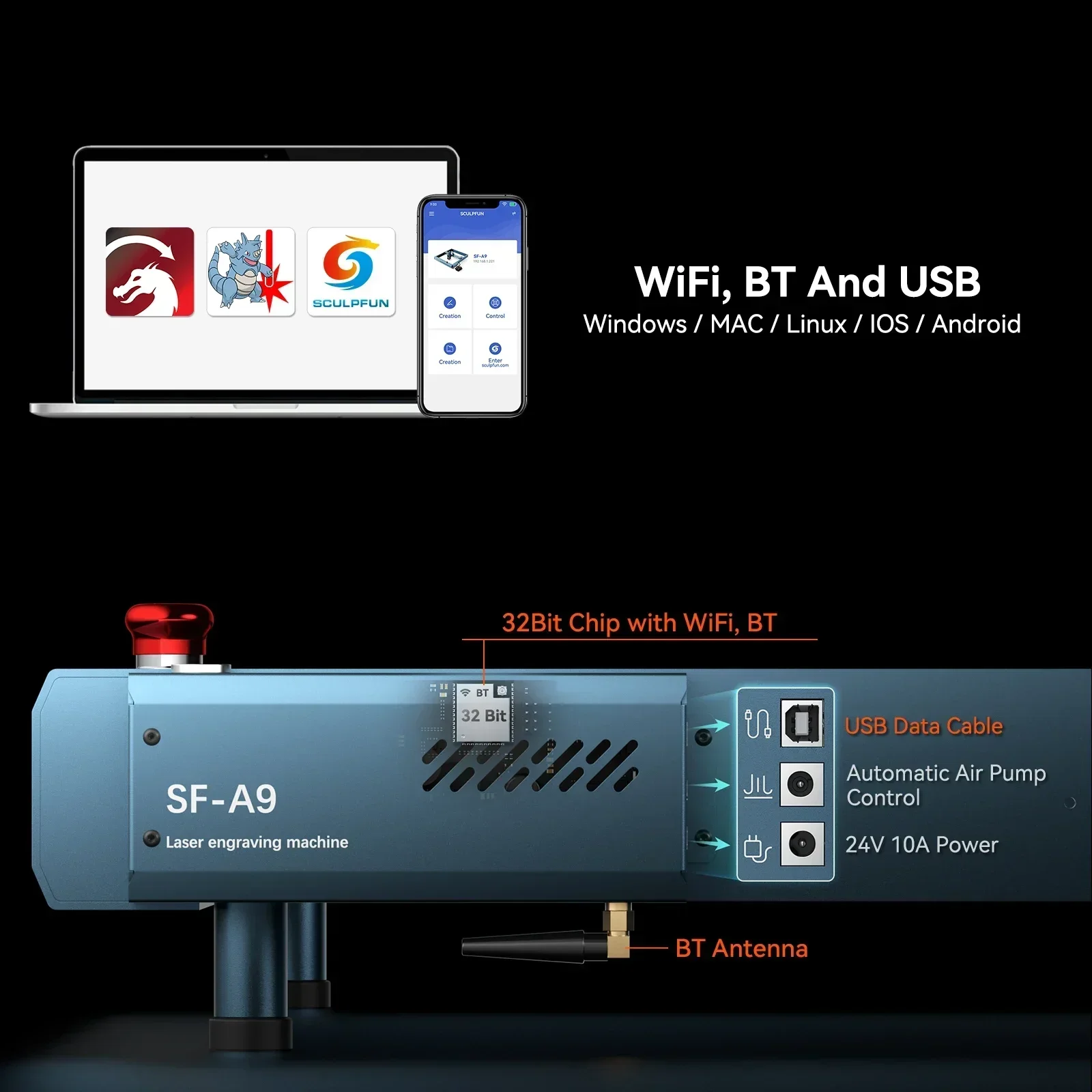 Sculpfun SF-A9 40W Laser Spot Automatic Air Assist Flame Laser Engraver Cutting Machine Ultra-fine USB/BT/WiFi 400x400mm Area