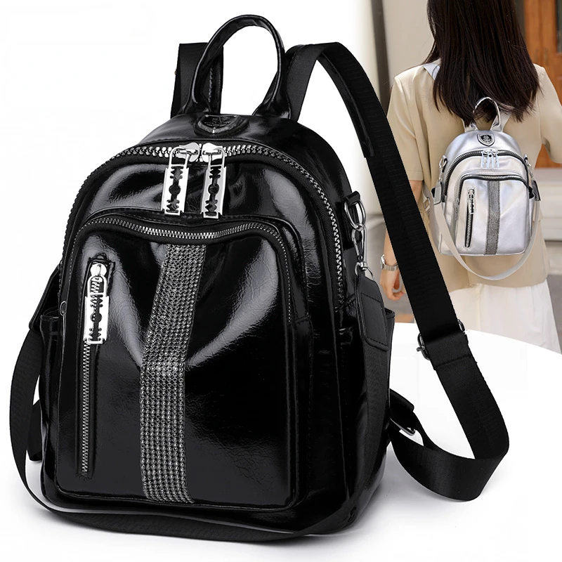 Fashion Casual Korean Travel Women\'s Bags High-capacity Preppy Y2k Students Schoolbags Simple Soft Leather Sequined Backpacks