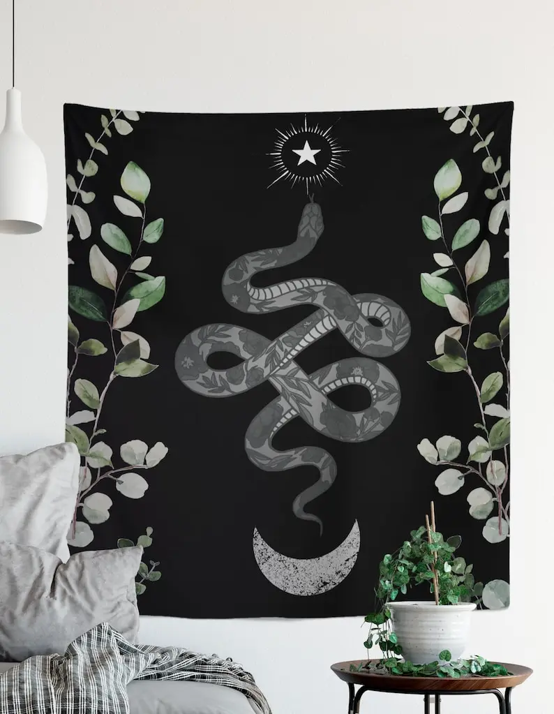 Moon and Snakes Symbol - Black and White - Eucalyptus Leaves - Tapestry Wall Hanging Meditation Yoga Hippie