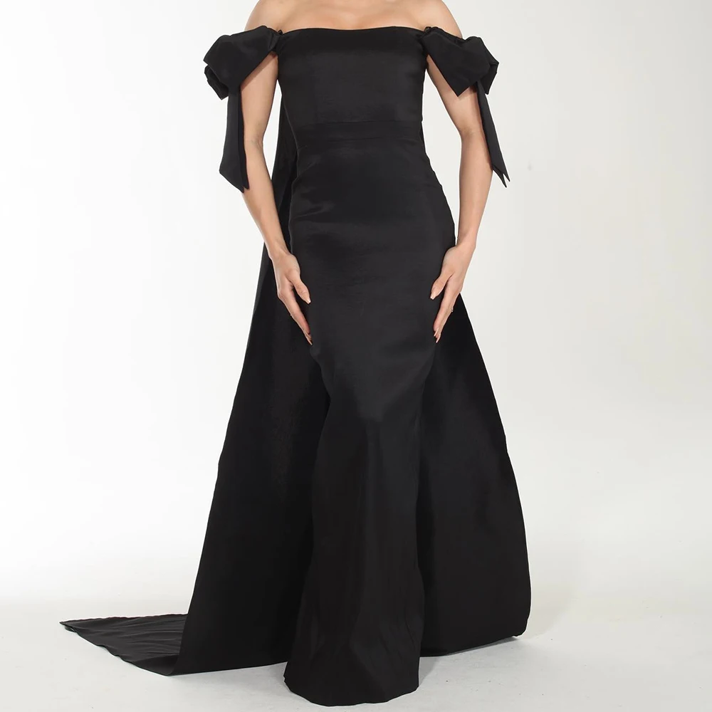 

Customized Classic Watteau Train Bow Off the Shoulder Satin Evening Dress Graceful Short Sleeves Pleats Vestido De Noche