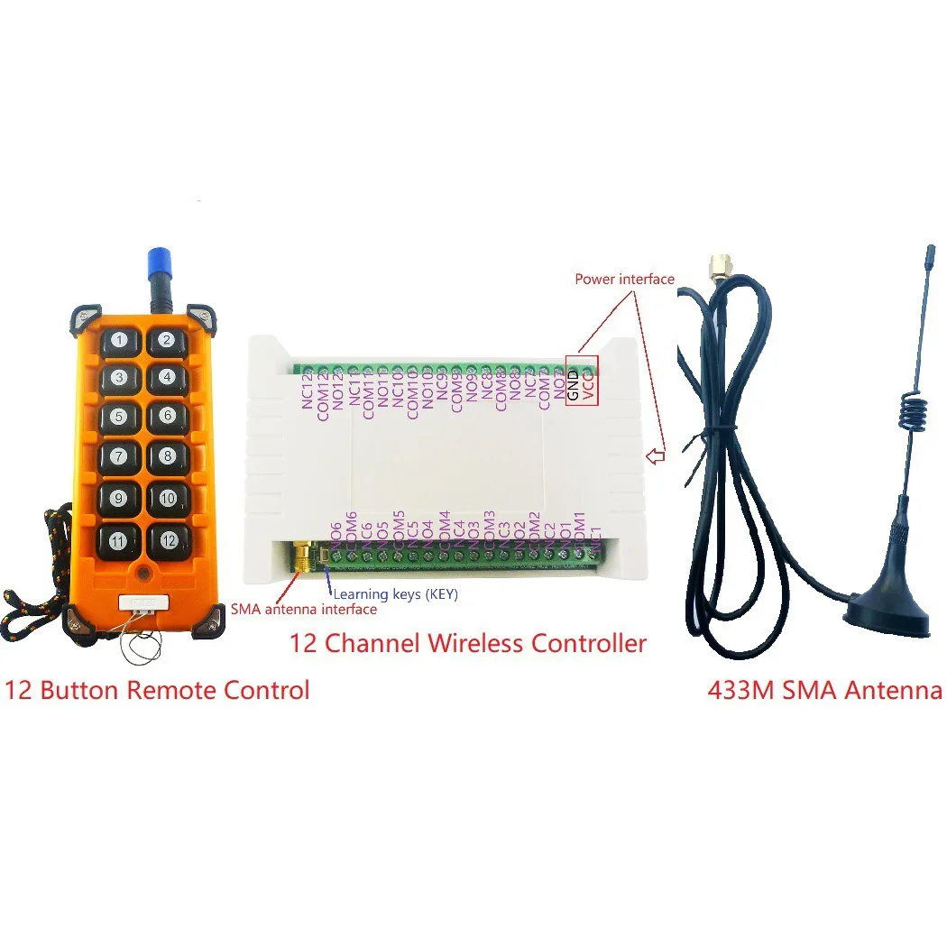 

12 Key 12V/24V 433MHz+20dBm FSK Industrial grade Rolling Code Remote Control 12Ch-121dBm 8MA Wireless Controller Relay Kit