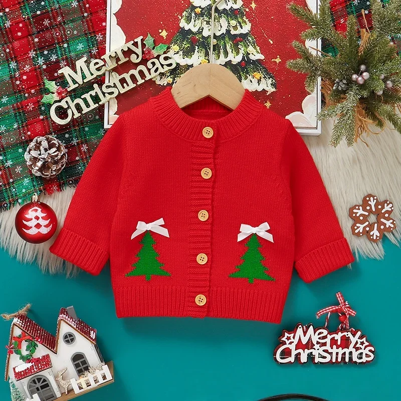 

Baby Boys Christmas Tree Jacquard Bow Knit Cardigan 0-3Y Newborn Infant Festive Knitted Sweater for Baby Girl Winter Outfit