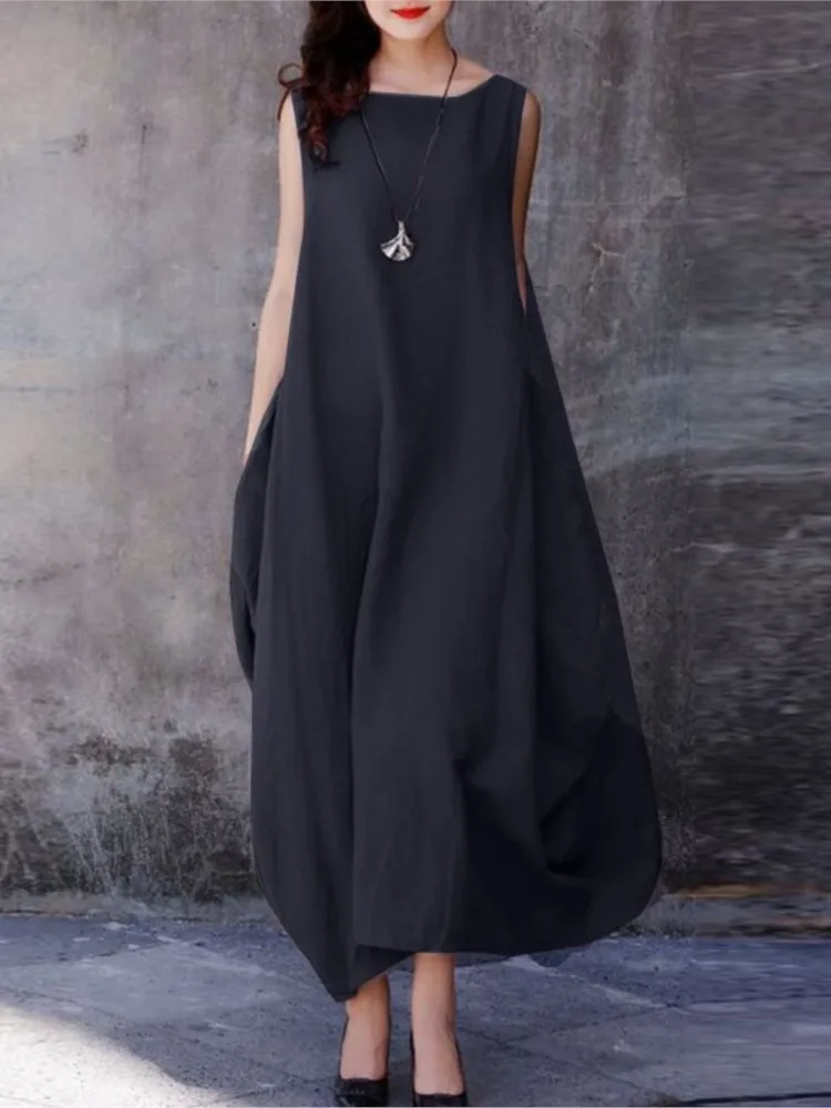 Women Fashion Loose Dress Casual O Neck Sleeveless Pullover Dresses Robe Femme Elegant Holiday Office Womens Clothing Summer New