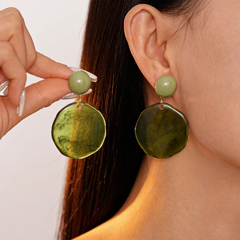 Dark Green Acetate Acrylic Drop Earrings for Women Geometric Round Hanging Dangle Earrings Statement Jewelry Gifts