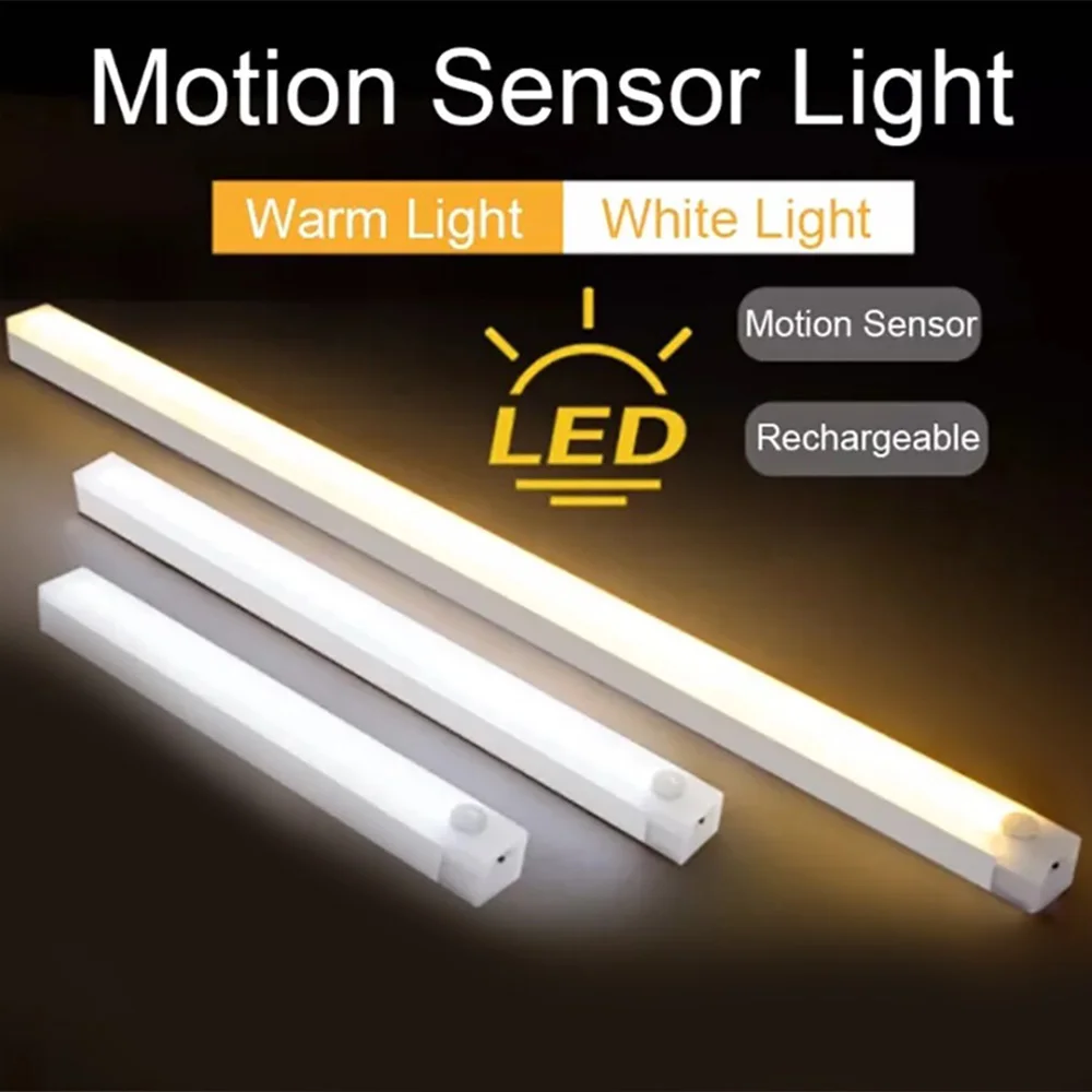 Lampu Sensor LED Bar 20/30/50CM magnetik dipasang isi ulang Sensor gerak lampu malam hangat/putih cahaya untuk lemari lemari pakaian