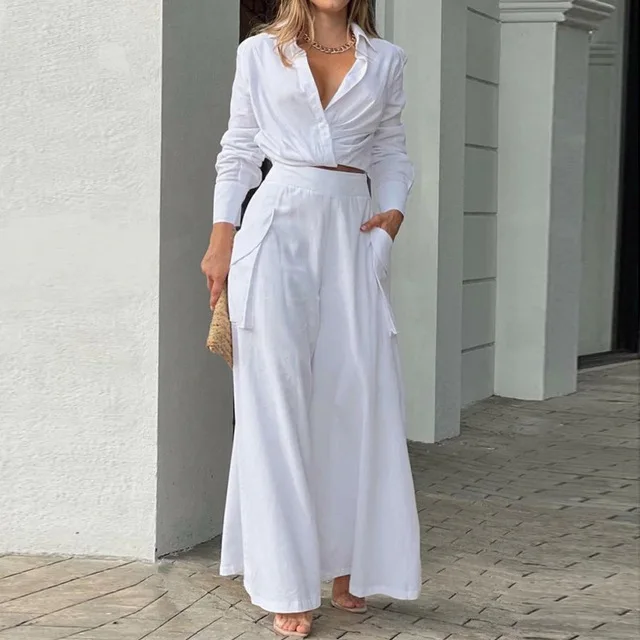 Women Shirt Two Piece Set Solid Color Elegant Spring Summer Fashion Long Sleeve Shirt + Wide Leg Pants Office Ladies Female Suit