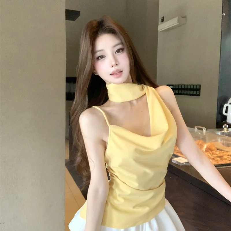 

Ele Diagonal oulder Hanging Ne Vest + High Waist White Cake ort Skirt Summer New Sle Set Women Trendy