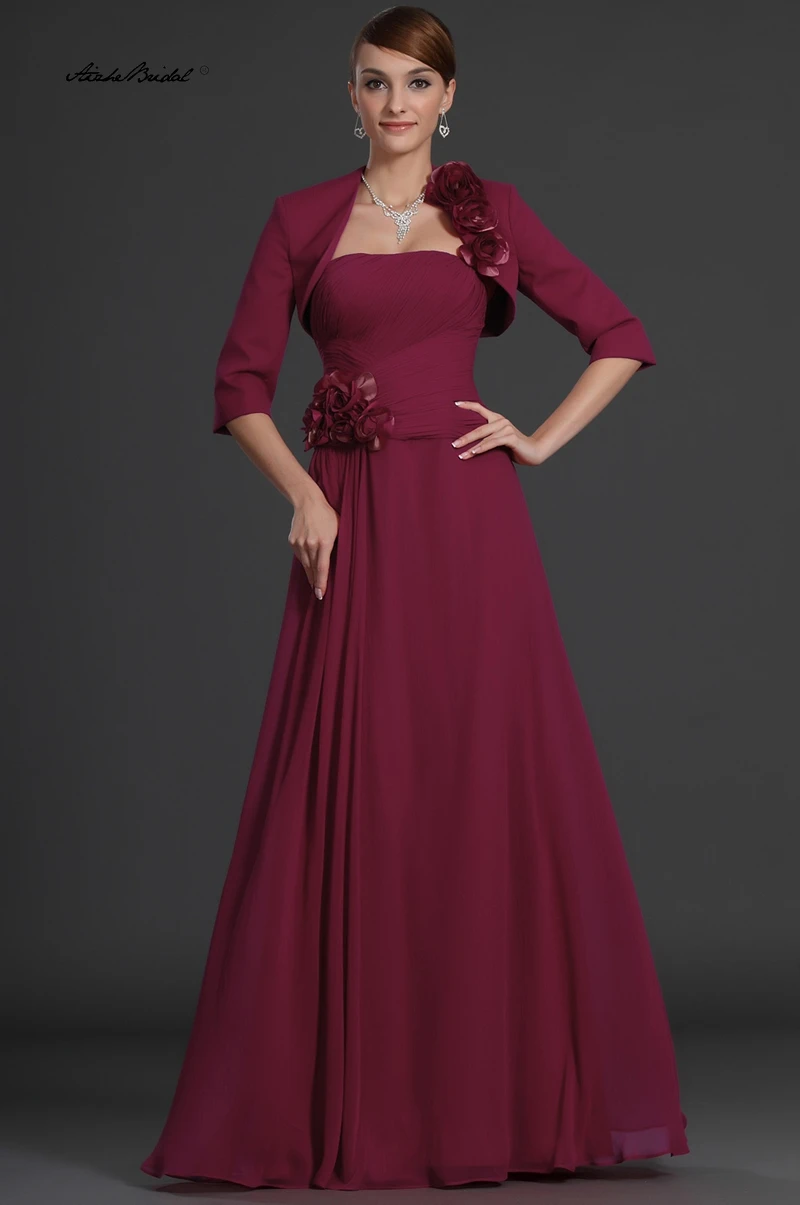 فساتين أم العريس من الشيفون باللون العنابي أنيقة على شكل حرف A بدون حمالات فستان أم العروس مع سترة 2026 #1