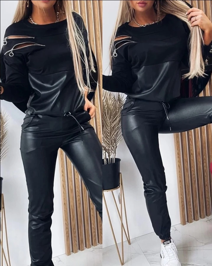 

Two Piece Sets Women Outifits 2024 Autumn Casual Zipper Design PU Leather Patch Top & Fashion Drawstring Pants Set Streetwear