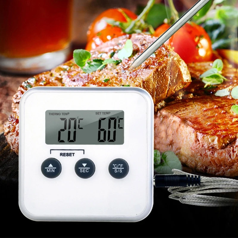 Thermometer Detection with Timer Function & Probe Kitchen Cooking Temperature Alarm Oven Barbecue