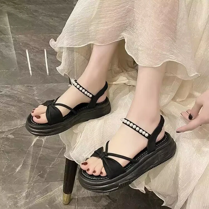 Thick-soled Heightening Sandals for Women Summer New Fashion Bow Pearl Strap Platform Sole Simple Beach Soft-soled Comfort Shoes