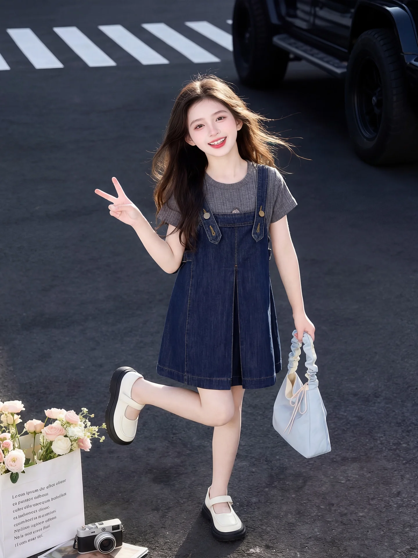 summer-girls'-denim-skirt-set-casual-mid-waist-soft-fabric-short-sleeve-pure-color-two-piece-outfit-for-ages-2-16