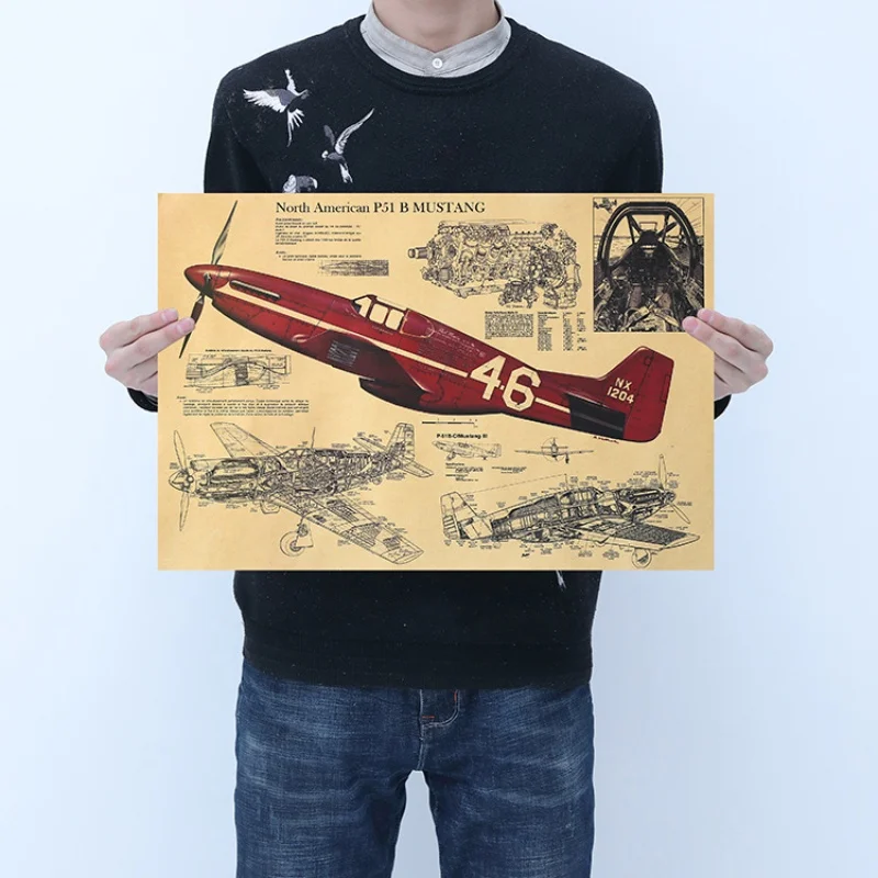 Vintage P51 Fighter Structural Drawing Poster Room Decoration Stickers Home Decor Kraft Paper Wall Sticker Posters