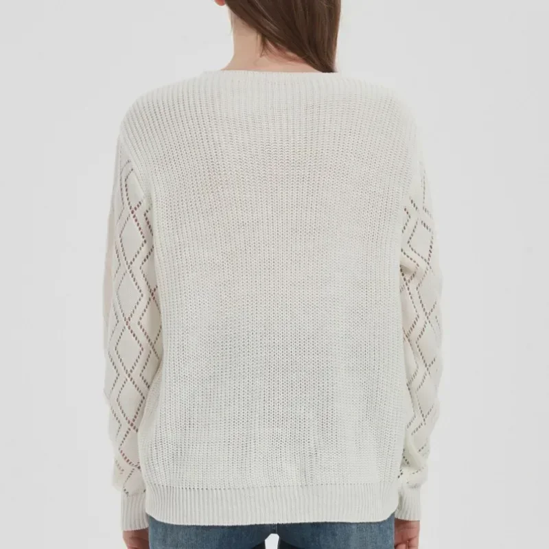 Fashion Pullover Sweater Women's Beige Hollow-out Long Sleeve Puffy Sleeve V Neck Knit Sweater Boho Lace Trim Knit Sweater Top